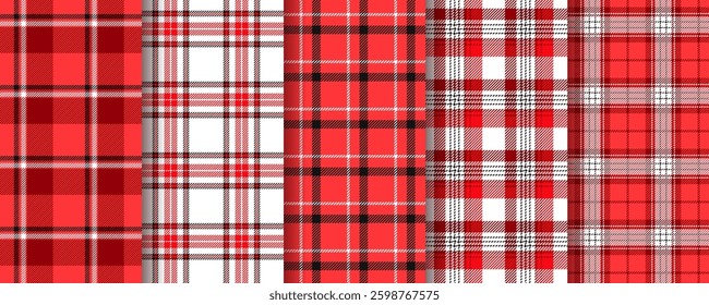 Checkered seamless pattern. Gingham red black background. Set Plaid tartan prints. Buffalo table cloth textures. Flannel textile. Vichy kitchen tablecloth. Picnic fabric cloth. Vector illustration