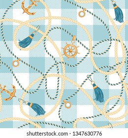 Checkered seamless pattern with golden anchor, ship wheel, tassels and rope. Marine background. Fashion print for textile, scarf, wrapping paper and tablecloth design. Vector illustration.