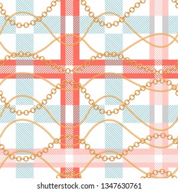 Checkered seamless pattern with golden chain. Fashion print for textile, scarf, plaid, wrapping paper and tablecloth design. Vector illustration.