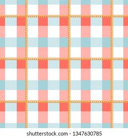 Checkered seamless pattern with golden chain. Fashion print for textile, scarf, plaid, wrapping paper and tablecloth design. Vector illustration.