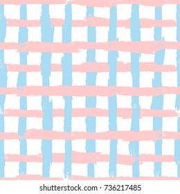 Checkered seamless pattern. Grid drawn on rough brush. Sketch, watercolour, paint. Pink, blue, white color. Vector illustration.
