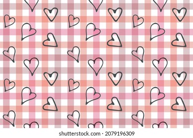 Checkered seamless pattern. Hand drawn black ink brush stroke heart shape, outline doodle style design. Geometric grid, pink shade color palette. Transparency effect background. Vector illustration