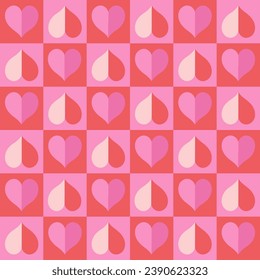 Checkered seamless pattern with hearts in red and pink colors. Vector graphics.