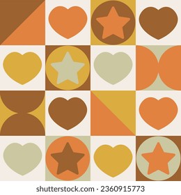 Patrón transparente y transparente con corazones y estrellas. Ilustración vectorial de estilo retro de los años 60. Fondo de bienvenida abstracto geométrico colorido.