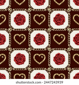 Checkered seamless pattern with jewelry chains, red roses, golden heart, chamfer squares. Classic grid. Detailed high contrast illustration in luxury vintage style.