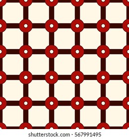 Checkered seamless pattern. Mesh motif. Red colors geometric abstract background with overlapping stripes with knot. Marine fishing net wallpaper. Digital paper, textile print. Vector illustration.