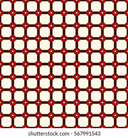 Checkered seamless pattern. Mesh motif. Red colors geometric abstract background with overlapping stripes with knot. Marine fishing net wallpaper. Digital paper, textile print. Vector illustration.