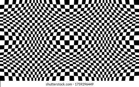 Checkered seamless pattern with optical illusion of spherical volume, black and white geometric abstract background, chess board 3D effect op art.