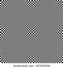 Checkered seamless pattern with optical illusion of spherical volume, black and white geometric abstract background, chess board 3D effect op art.