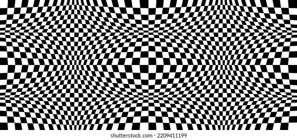 Checkered seamless pattern with optical illusion of spherical volume, black and white geometric abstract background, chess board 3D effect op art.