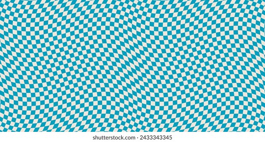 Checkered seamless pattern with optical illusion effect. Simple abstract vector background. Groovy distorted texture. Op art illustration. Repeated geometric design. Retro style, turquoise and beige