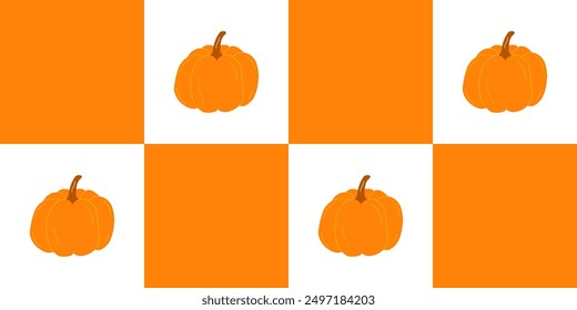 Checkered seamless pattern with orange round pumpkins, for textile, fabric, wrapping paper