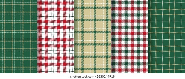 Checkered seamless pattern. Plaid green red background. Christmas gingham shirt cloth. Set tartan fabric prints. Flannel cloth textures. Lumberjack tablecloth. Vichy check textile. Vector illustration