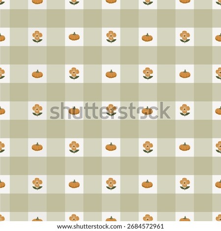 Checkered Seamless pattern print, autumn cozy rustic digital paper with pumpkins and flowers, fabric print vector background, kitchen cottagecore theme