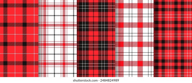 Checkered seamless pattern. red black background. Set check tartan print. Lumberjack table cloth texture. Plaid Christmas cloth. Flannel gingham tablecloth. Kitchen napkin textile. Vector illustration