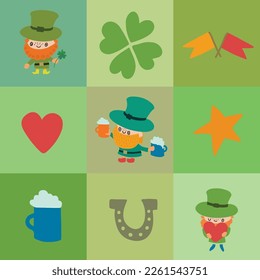 Checkered seamless pattern with Saint Patrick's Day symbols on green background.  For textile, wrapping paper, packaging, decor, DIY projects.