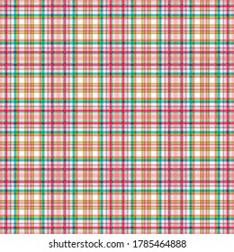 Checkered seamless pattern, subtle bright pink, turquoise and yellow-green stripes, white background. Great for decorating fabrics, textiles, gift wrapping, printed matter, interiors, advertising.