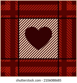 Checkered seamless pattern Valentine's Day. Heart silhouette on red Tartan pattern. Vector illustration.