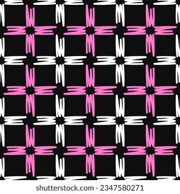 Checkered seamless pattern. White and pink lines on black background. Vector geometric pattern