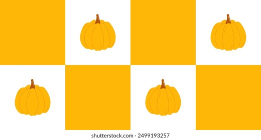 Checkered seamless pattern with yellow round pumpkins, for textile, fabric, wrapping paper