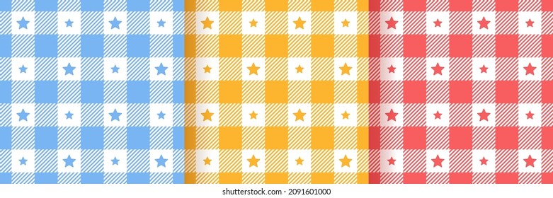 Checkered seamless patterns. Plaid prints with stars. Set of gingham backgrounds. Vintage vichy textures. Retro flannel wallpaper. Simple classic backdrops. Textile grid. Vector illustration