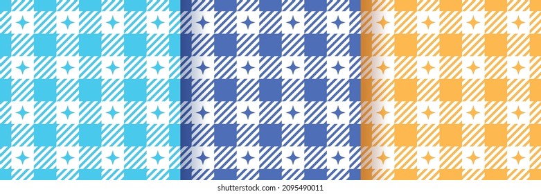 Checkered seamless patterns. Tablecloth vichy prints. Set of gingham backgrounds. Tartan textures. Plaid picnic wallpaper. Flannel backdrop. Retro textile grid. Vector illustration.