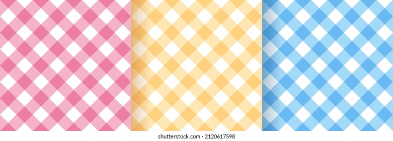 Checkered seamless patterns. Tablecloth vichy prints. Set of gingham backgrounds. Tartan textile grid. Plaid textures. Pastel retro wallpaper. Flannel backdrop. Vector illustration.