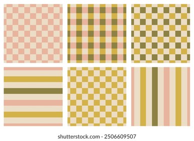 Checkered seamless patterns. Vintage backdrop set. Pastel colours wallpaper. Check duotone pattern. 