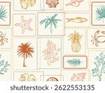 Checkered Seamless Summer Beach Vibes Pattern Vector Corals Seaweed Coral Shells, star fish Seamless pattern Vector Illustration Design for fabric, textile, wallpaper , wrapping and all prints 