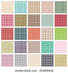Checkered seamless texture set. Scottish vector pattern collection. Plaid fabric colorful background. Unusual ornament tartan.