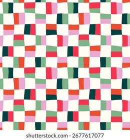 Checkered seamless vector pattern. Modern colors distorted squares. Wavy optical illusion grid. Colorful modern textile vector. Home interior design, fabric print, package template