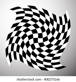 Checkered shape with spirally vortex effect. Distorted, deformed element.