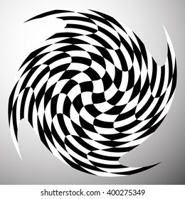 Checkered shape with spirally vortex effect. Distorted, deformed element.