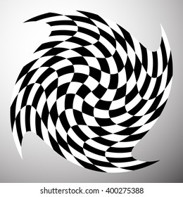 Checkered shape with spirally vortex effect. Distorted, deformed element.