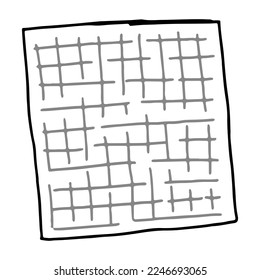 Checkered sheet, memo page, paper blank template in doodle style. Clip art for planning, diary, sticker. Hand drawn vector design element. Contour drawing isolated on white.