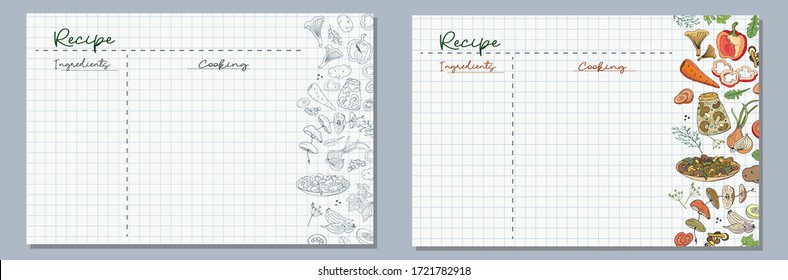 Checkered sheets of paper with images of vegetables, mushrooms and mushroom dishes for writing delicious recipes for your dishes
