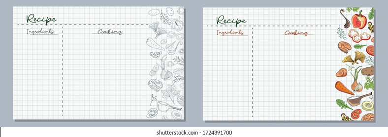 Checkered sheets of paper with images of vegetables for writing delicious recipes for your dishes