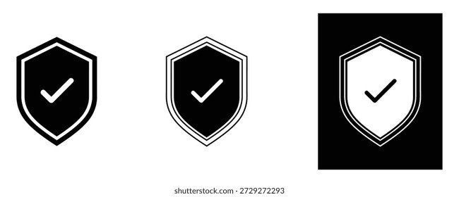 Emblema de escudo a cuadros que representa la seguridad y la protección de datos en tres versiones minimalistas distintas para App de seguridad cibernética