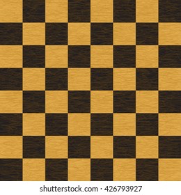 Checkered simple brown and black wooden chessboard seamless vector pattern, chess wood board background with cracks