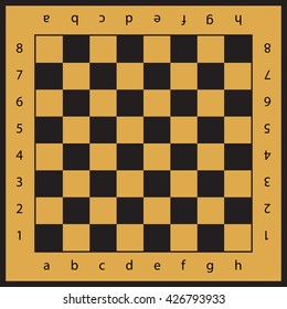 Checkered simple brown and black wooden chessboard seamless vector pattern, chess wood board background with numbers and letters