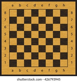 Checkered simple brown and black wooden chessboard seamless vector pattern, chess wood board background with cracks, numbers and letters