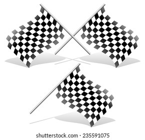 Checkered and single racing flags with shadows. Checkered racing flags.