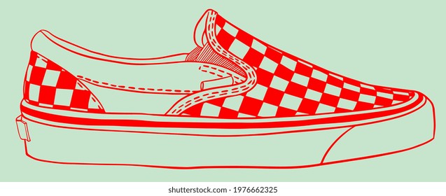 Checkered Slip-on. Shoe. Trendy fashion for students. Millennials and zoomers style. Active lifestyle. Cute Hand drawn illustration. Digital art. Transparent icon, isolated on background. Vector EPS10