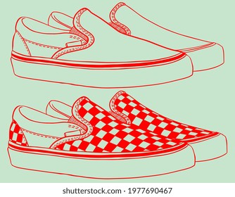 Checkered Slip-on. Shoe. Trendy fashion for students. Millennials and zoomers style. Active lifestyle. Cute Hand drawn illustration. Digital art. Transparent icon, isolated on background. Vector EPS10