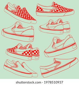 Checkered Slip-on. Shoe. Trendy fashion for students. Millennials and zoomers style. Active lifestyle. Cute Hand drawn illustration. Digital art. Transparent icon, isolated on background. Vector EPS10