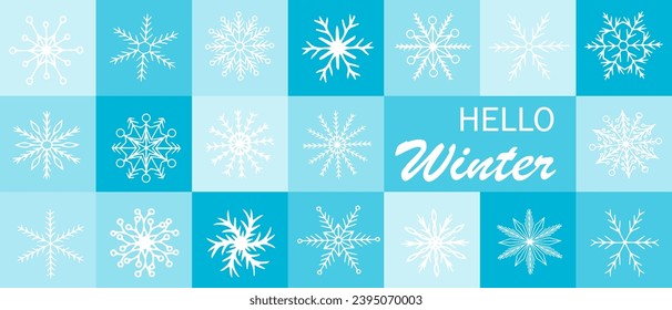 Patrón de copos de nieve. Elementos geométricos, iconos mínimos de vacaciones, azulejos cuadrados decorativos, formas simples. Fondo vectorial, patrón transparente