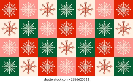 Checkered snowflakes seamless pattern background. Trendy bold geometric ornament. Vector illustration design for winter holidays decoration, banner, wrapper, textile, fabric.