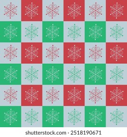 Schneeflocken mit Schachbrettmuster aus Schneeflocken auf grünen, roten und weißen Schachbrettern. Zum Einwickeln von Papier, Weihnachtsschmuck und Stoff 