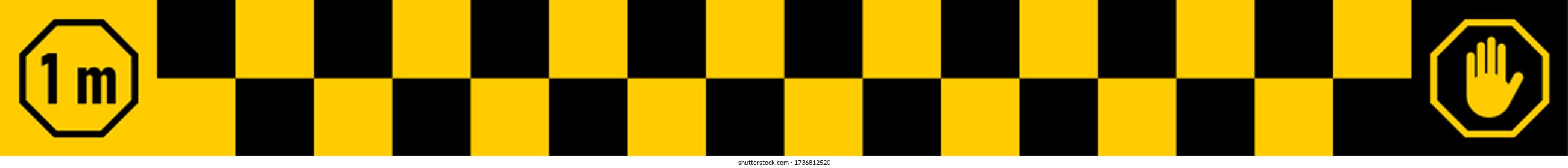 Checked Social Distancing Floor Marking Tape Halten Sie Ihre Distanz 1 m oder 1 Meter Sticker Symbol mit einem Aspect Ratio von 10:1. Vector Image.