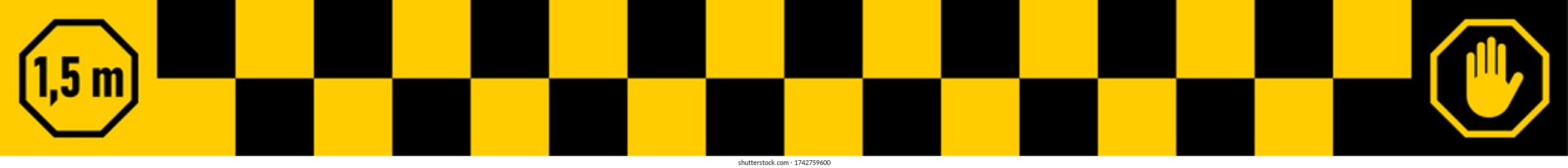 Checkered Social Distancing Floor Marking Tape Keep Your Distance 1,5 m or 1,5 Metres Sticker Icon with an Aspect Ratio of 10:1. Vector Image.